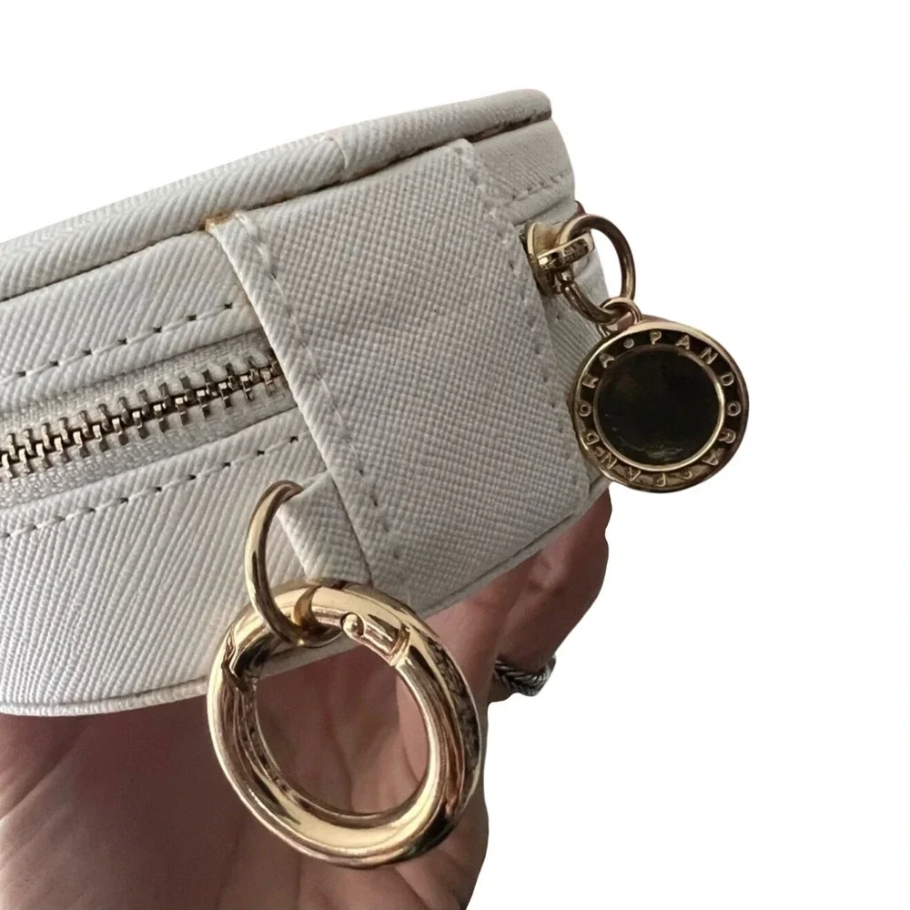 Pandora Small Round Travel Jewelry Case White Saffiano Gold Zip Organizer